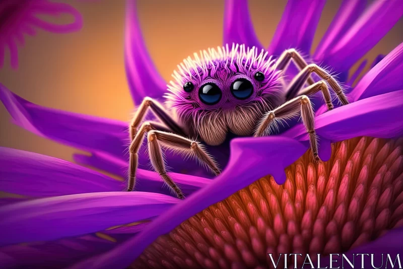 Hyper-Realistic Illustration of Spiders in a Purple Flower AI Image