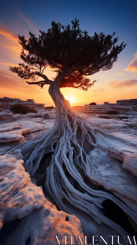 Majestic Tree on Beach at Sunset: Captivating Nature Photography AI Image