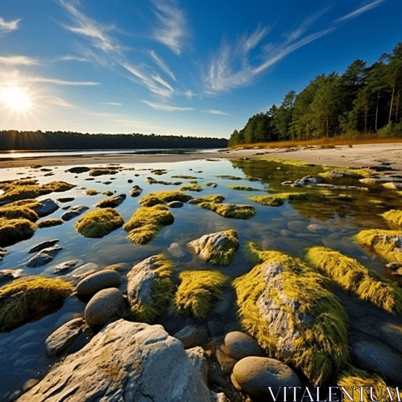 Captivating Mossy Rocks and Serene Waters on the Seaside | National Geographic Style AI Image