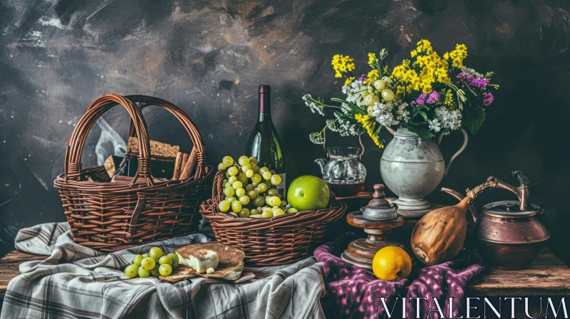 Captivating Still Life: Wicker Basket, Grapes, Wine, and More AI Image