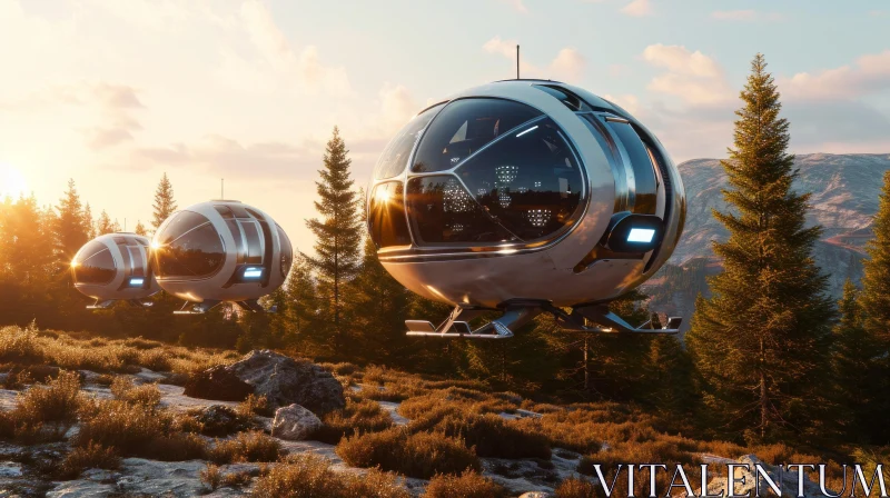 Futuristic Flying Spheres in Mountain Landscape AI Image