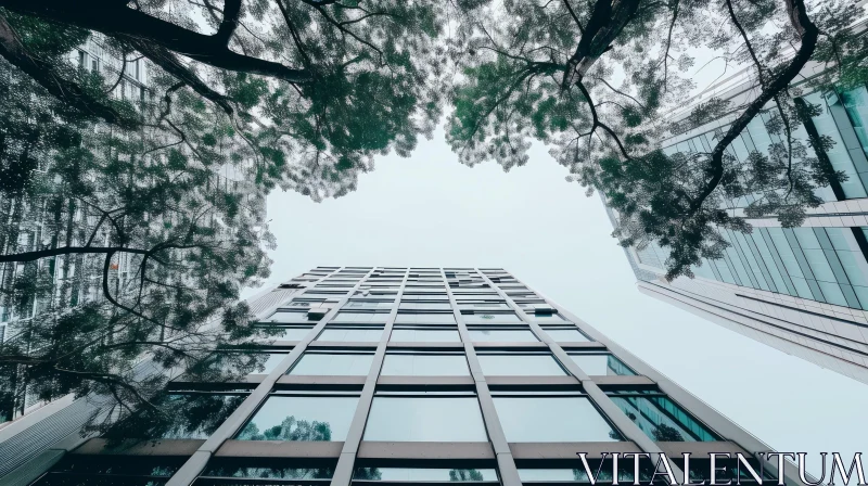 Impressive Glass and Steel Skyscraper Amidst Greenery AI Image