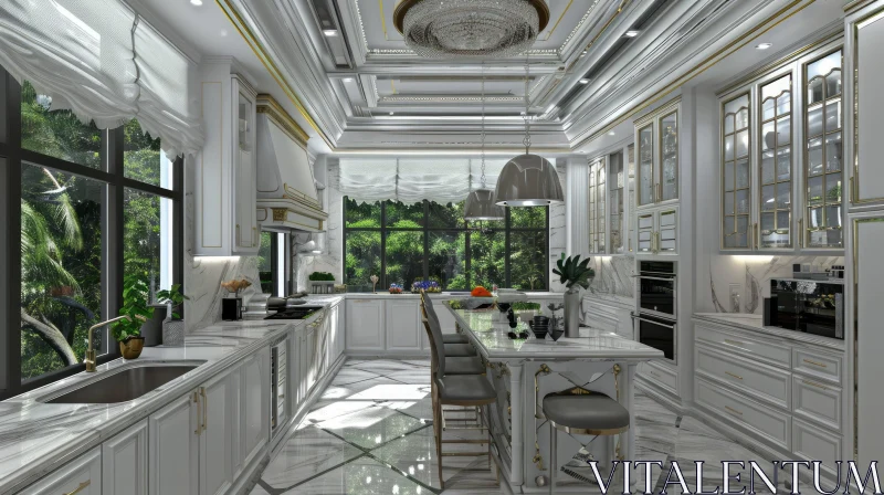 Luxurious Kitchen with White Marble Island and Gray Leather Chairs AI Image