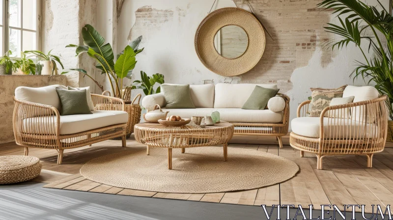 Serene and Natural Living Room with Bohemian Style AI Image