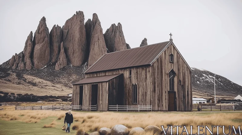 AI ART Captivating Vintage Scene: Person Walking Near Wooden Church and Towering Rocks
