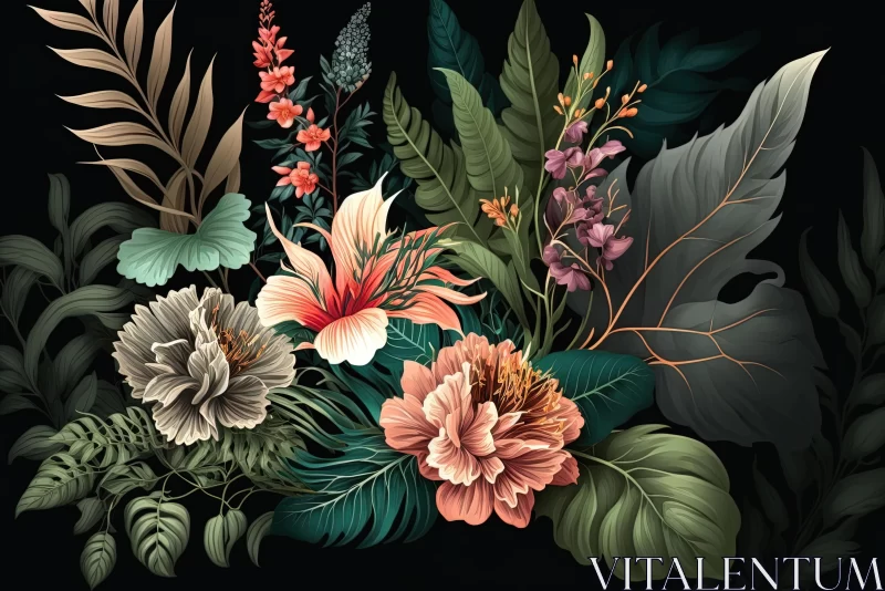 Colorful Tropical Flowers: Hyper-Detailed Illustrations on Black Background AI Image