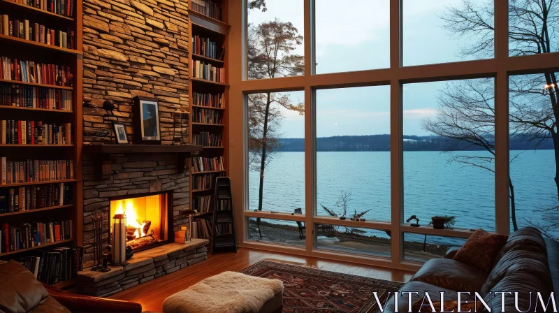 Cozy Living Room with Fireplace and Lake View AI Image