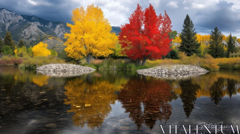 Enchanting Fall Trees Reflecting in Water - Serene Nature Image AI Image