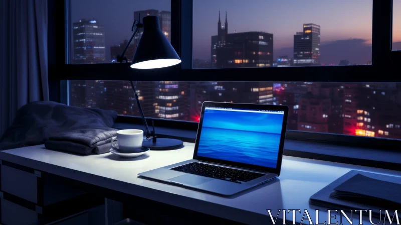 Modern Workplace with Laptop and Lamp in Night City Setting AI Image