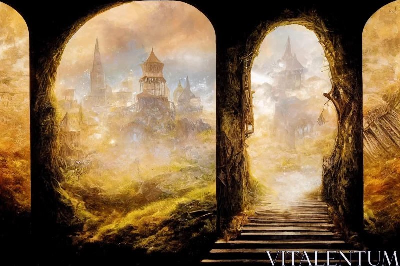 Mysterious Painting of Portals Leading to a Castle | Fantasy Art AI Image