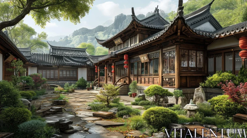 Serene Chinese Courtyard with Traditional House and Lush Gardens AI Image