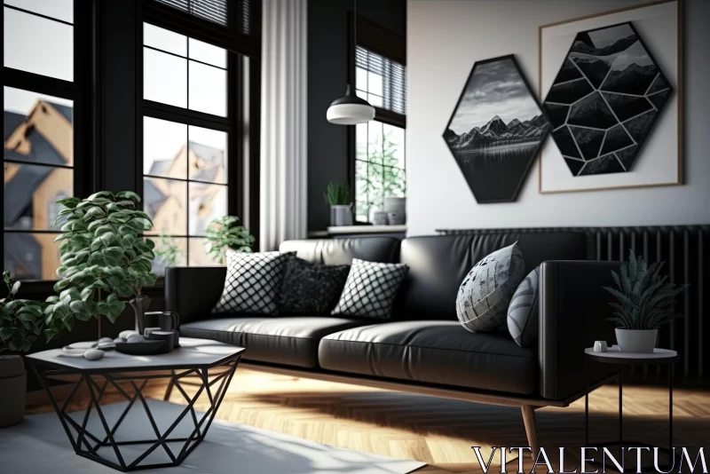 Stylish Living Room with Black Sofa | Daz3d Inspired Design AI Image