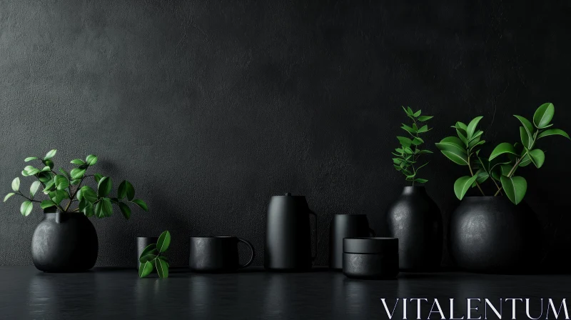 Black Still Life with Teapot, Vase, and Cups AI Image