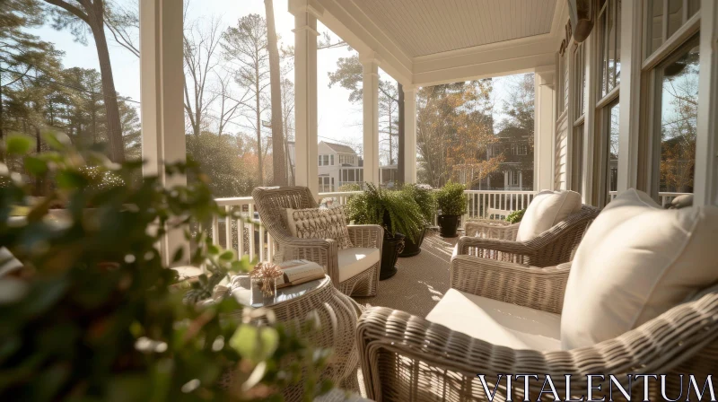 Cozy Porch with Wicker Furniture in a Peaceful Neighborhood AI Image