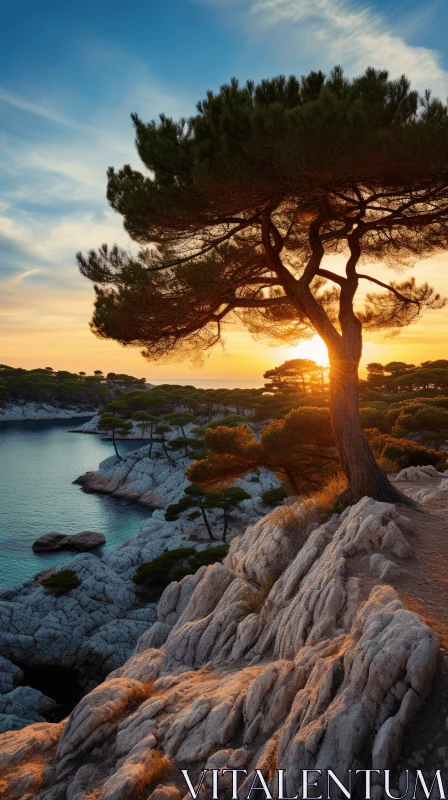 Golden Sunset: Captivating Trees Bathed in Mediterranean Light AI Image