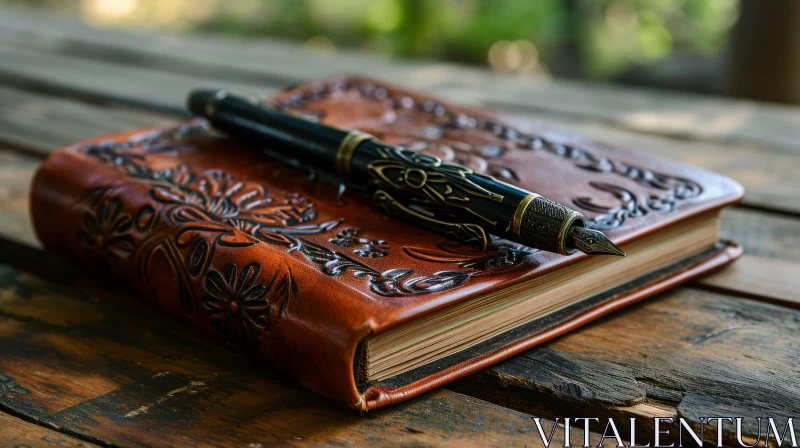 Leather-Bound Book with Floral Pattern and Pen | Rustic Wooden Table AI Image