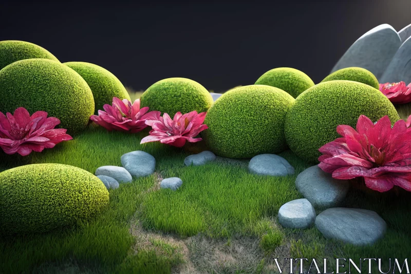 Luminous 3D Abstract Grass Scene with Rocks and Flowers AI Image