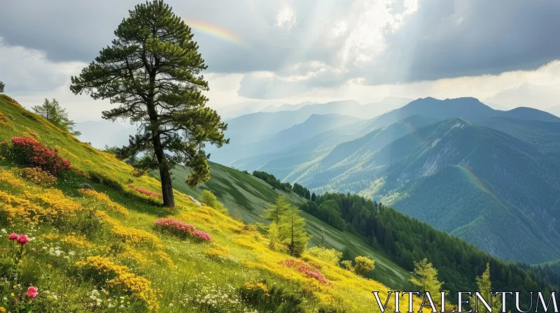 Majestic Mountain Landscape with Rainbow: A Captivating Natural Beauty AI Image