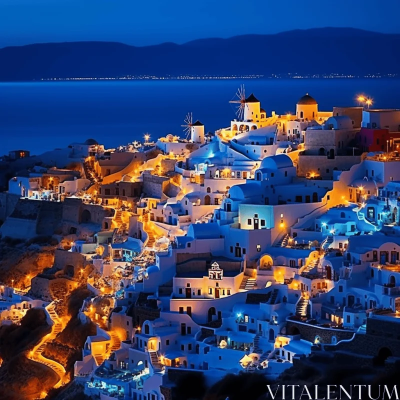 Mesmerizing Santorini Port at Night: Captivating Colors and Folkloric Themes AI Image