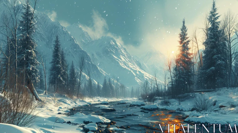 Serene Winter Landscape with Snow-Capped Mountains and Frozen River AI Image
