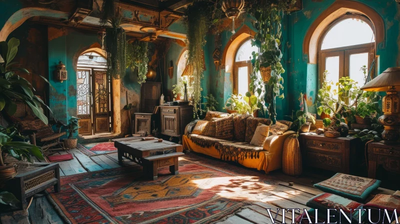 Bohemian-Style Living Room with Colorful and Eclectic Furniture AI Image