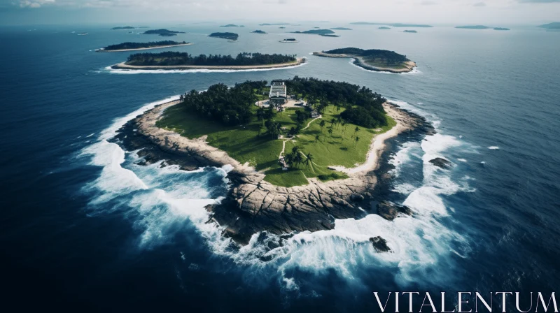 Captivating Island with Castle: A Surreal Aerial View AI Image