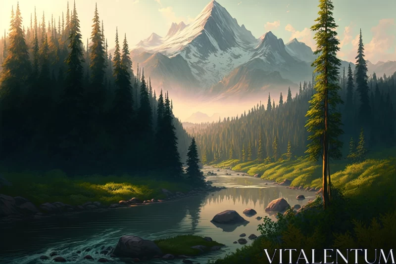 Captivating Nature: Serene Forest and Majestic Mountains AI Image