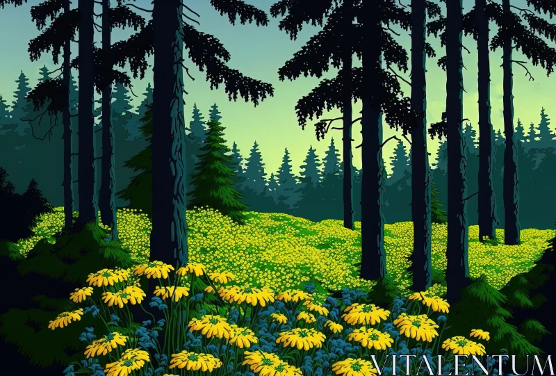 Charming Forest Painting with Yellow Flowers | Pop Art Illustration AI Image