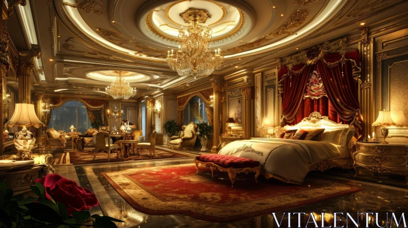 Luxurious Bedroom with Golden Bed Frame and Red Velvet Canopy AI Image