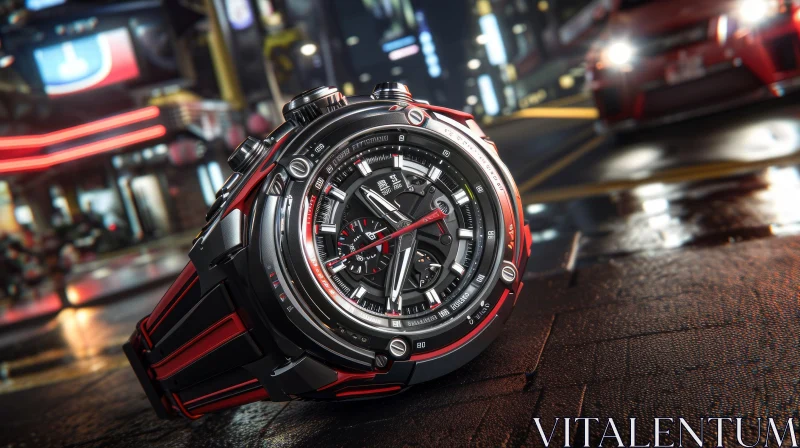 Luxurious Black and Red Wristwatch | Elegant Design AI Image