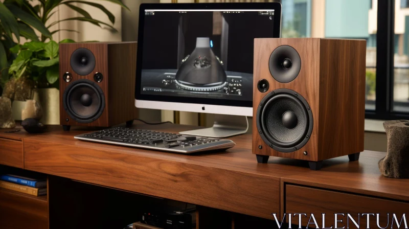 Modern Wooden Desk Setup with iMac Computer and Speakers AI Image