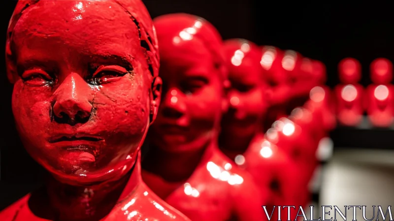 Red Sculptures of Children's Heads | Unique Art Installation AI Image