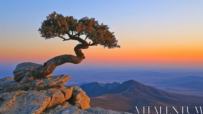 Serene Landscape Photograph of a Lonely Tree on a Rocky Cliff AI Image