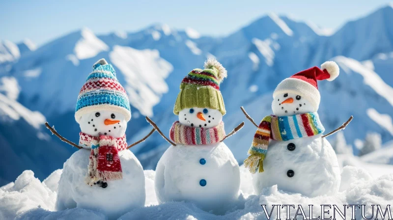 Whimsical Snowmen Against Snow-Capped Mountains AI Image
