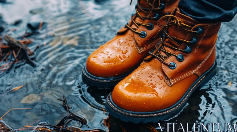 Brown Leather Boots Standing in Shallow Puddle | Artistic Photo AI Image