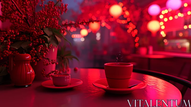 Captivating Still Life: Red Coffee Cup and Saucer on Wooden Table AI Image
