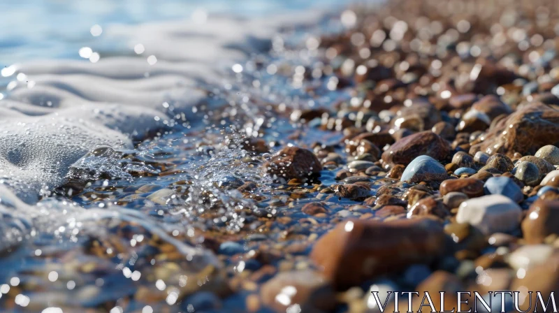 Close-up Beach Image with Wet Pebbles and Shimmering Water's Edge AI Image