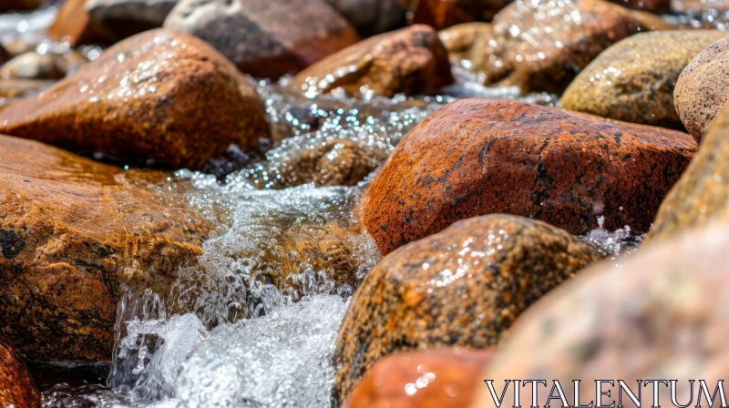 AI ART Close-Up of Riverbed with Flowing Water and Smooth Rocks