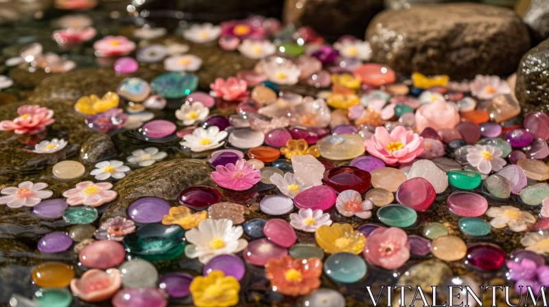 Colorful Stones and Gems on Shallow Water Surface AI Image