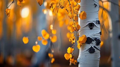 Enchanting Close-Up of a Tree Trunk with Yellow Leaves in Fall