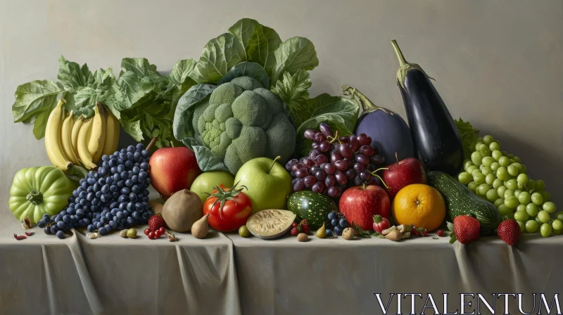 Meticulously Painted Still Life: Fruits and Vegetables in Classical Style AI Image