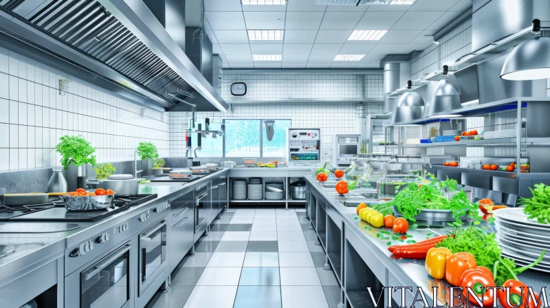 Spacious Commercial Kitchen with Stainless Steel Appliances AI Image