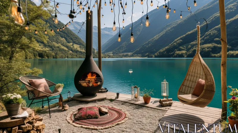 AI ART Tranquil Lakeside Camping Site with Mountain View