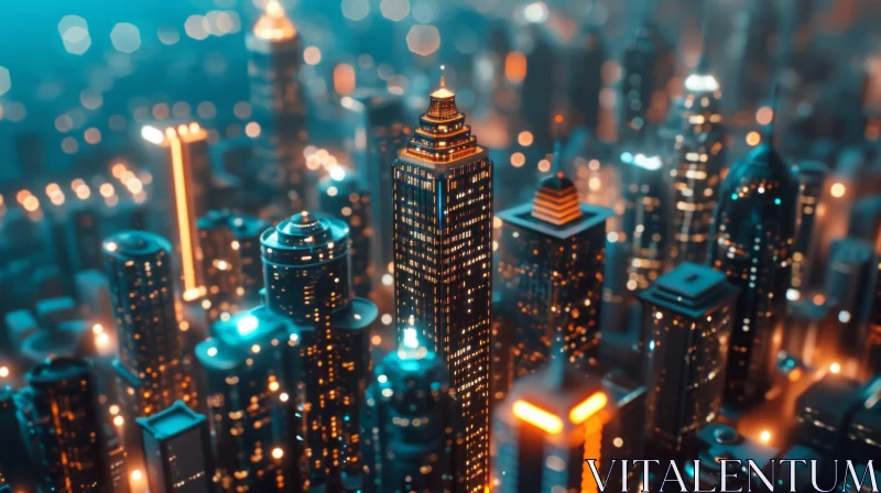 Captivating 3D Futuristic Cityscape: Illuminated Skyscrapers Against Dark Sky AI Image