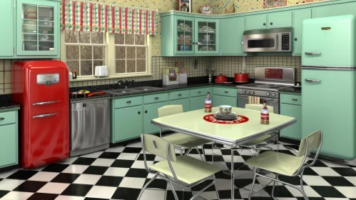 Charming Retro Kitchen in Mint Green and Red Colors