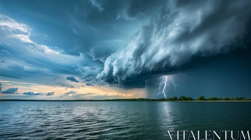 Dramatic Landscape: Serene Lake and Stormy Sky with Lightning AI Image