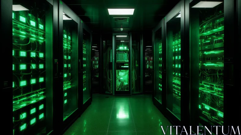 Eerie Server Room with Green Glow AI Image