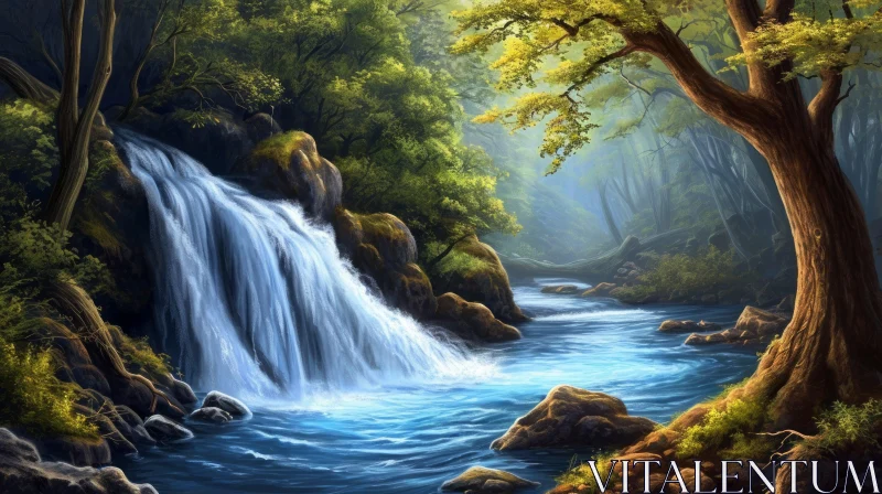 AI ART Enchanting Waterfall in a Forest - A Captivating Nature Scene