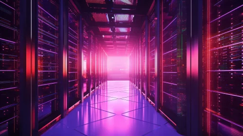 Futuristic Server Room Corridor with Pink and Purple Lights