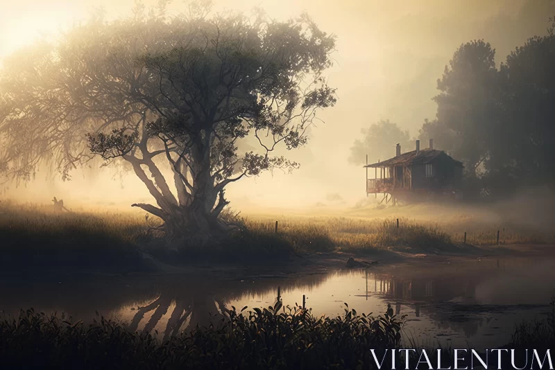 Mysterious Empty House in the Mist - Enigmatic Countryside AI Image
